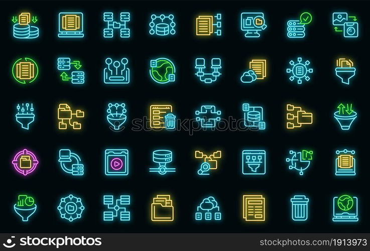 Content filter icons set. Outline set of content filter vector icons neon color on black. Content filter icons set vector neon