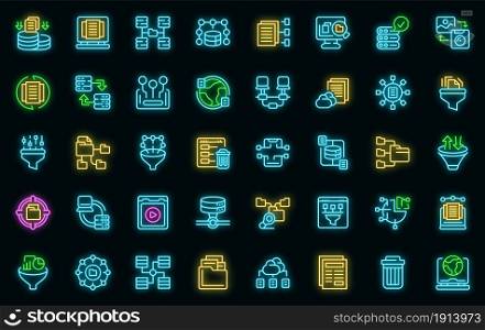 Content filter icons set. Outline set of content filter vector icons neon color on black. Content filter icons set vector neon