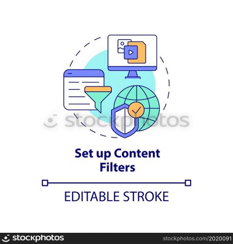 Content filters set up concept icon. Restriction of access to chosen information types abstract idea thin line illustration. Privacy save. Vector isolated outline color drawing. Editable stroke. Content filters set up concept icon
