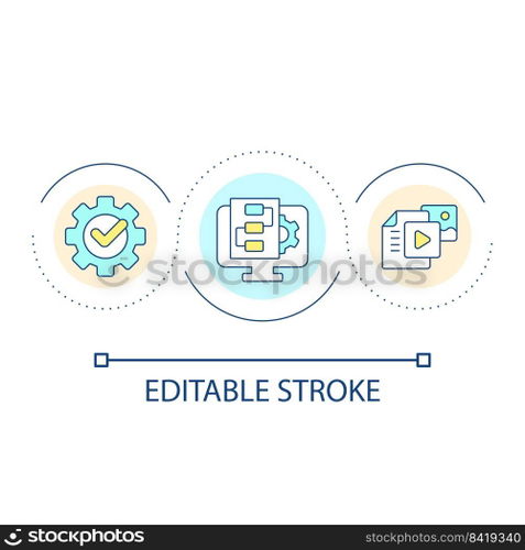 Content making technology loop concept icon. Smart data analysis. Digital system for research abstract idea thin line illustration. Isolated outline drawing. Editable stroke. Arial font used. Content making technology loop concept icon
