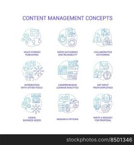 Content management blue gradient concept icons set. LMS, CMS functionalities idea thin line color illustrations. Social media. Ecommerce. Isolated symbols. Roboto-Medium, Myriad Pro-Bold fonts used. Content management blue gradient concept icons set