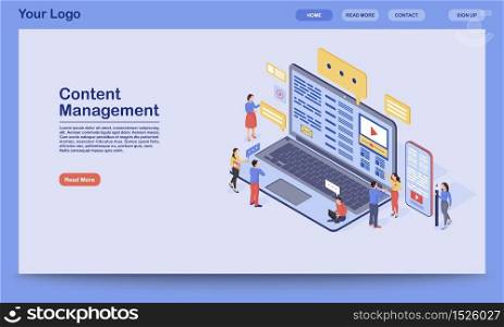 Content management landing page vector template. Digital inbound marketing website interface idea with flat illustration. SMM, media advertising homepage layout. Web banner, webpage cartoon concept
