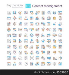 Content management RGB color icons set. Digital experience. Social media. Isolated vector illustrations. Simple filled line drawings collection. Editable stroke. Quicksand-Light font used. Content management RGB color icons set