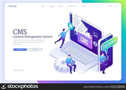 Content management system banner. Concept of development software for social media, update and admin apps. Vector landing page of CMS with isometric people work with computer and mobile phone. Content management system, CMS banner