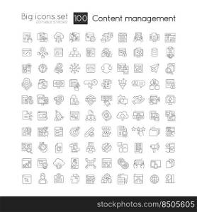 Content management system linear icons set. Digital experience. Social media. Customizable thin line symbols. Isolated vector outline illustrations. Editable stroke. Quicksand-Light font used. Content management system linear icons set