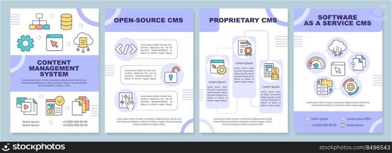 Content management system types purple brochure template. Leaflet design with linear icons. Editable 4 vector layouts for presentation, annual reports. Arial-Black, Myriad Pro-Regular fonts used. Content management system types purple brochure template