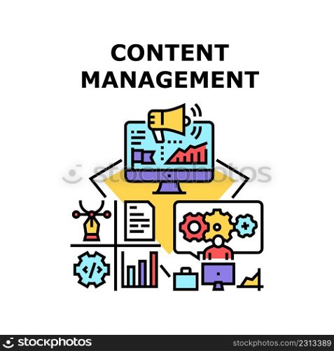 Content Management Vector Icon Concept. Content Management System Business Process, Online Advertising And Creation Promotion. Manager Working At Computer In Internet Color Illustration. Content Management Vector Concept Illustration