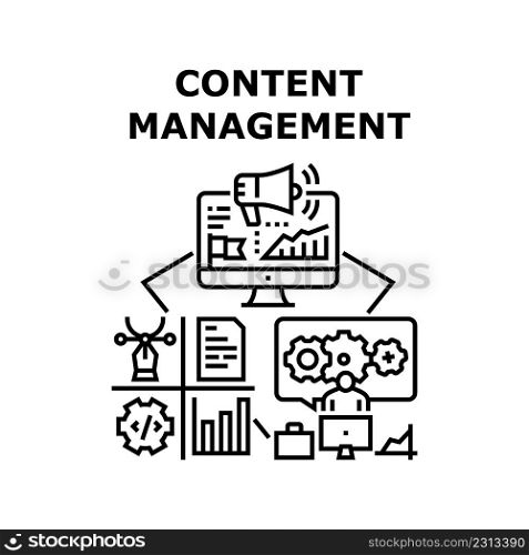 Content Management Vector Icon Concept. Content Management System Business Process, Online Advertising And Creation Promotion. Manager Working At Computer In Internet Black Illustration. Content Management Vector Concept Illustration