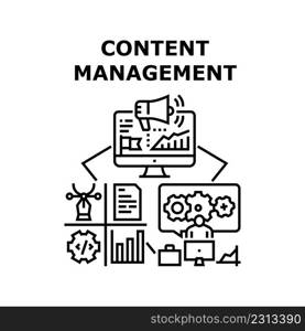 Content Management Vector Icon Concept. Content Management System Business Process, Online Advertising And Creation Promotion. Manager Working At Computer In Internet Black Illustration. Content Management Vector Concept Illustration