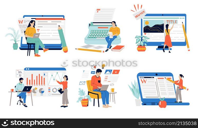 Content manager. Cartoon journalist copywriter working on text and storytelling, SEO boost and audience growth. Vector traffic marketing business promotion managers. Content manager. Cartoon journalist copywriter working on text and storytelling, SEO boost and audience growth. Vector traffic marketing