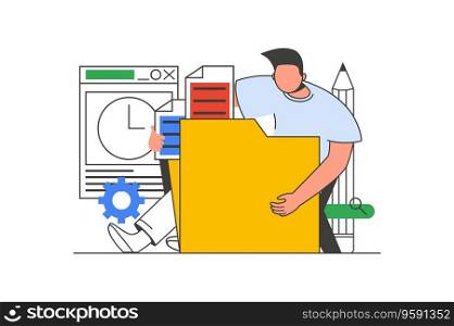 Content manager outline web concept with character scene. Man creating content, making new posts in blog. People situation in flat line design. Vector illustration for social media marketing material.