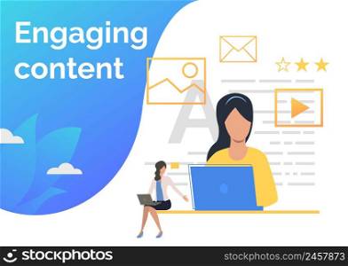 Content managers creating content. Laptop, message, marking. Business concept. Vector illustration for presentation slide, poster, new project. Content managers creating content