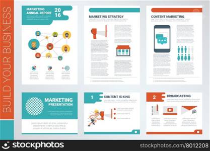 Content marketing A4 book cover and presentation template with flat design elements, ideal for company information or infographic report
