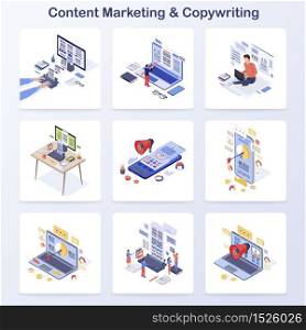 Content marketing & copywriting isometric concept vector icons set. Engaging content creating, media audience attraction. Online promotion, inbound marketing. Storytelling and online advertising