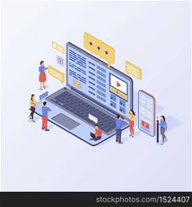 Content marketing isometric vector illustration. Inbound marketing strategy. SMM, media advertising, content writing isolated 3d concept. Marketers, copywriters characters. PR, promotion campaign