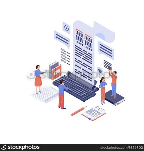 Content marketing isometric vector illustration. Marketers, copywriter create advertising SEO texts, engaging content isolated 3d concept on white. Inbound marketing. SMM, media audience attraction