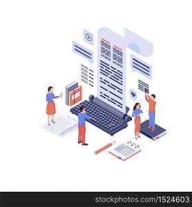 Content marketing isometric vector illustration. Marketers, copywriter create advertising SEO texts, engaging content isolated 3d concept on white. Inbound marketing. SMM, media audience attraction
