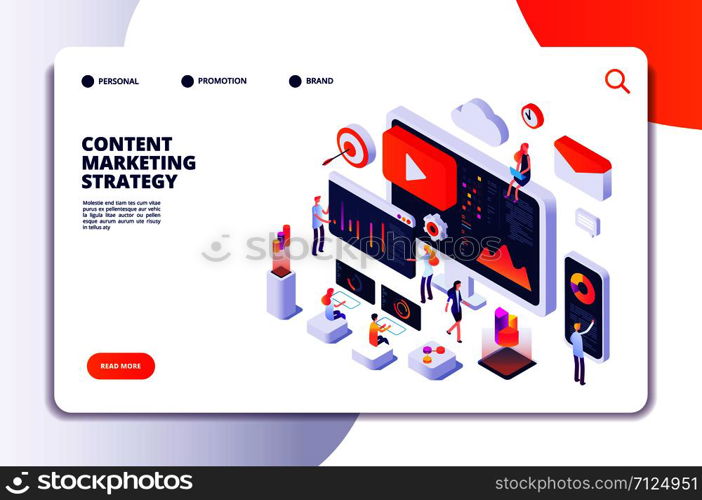 Content marketing landing page. Contents creation specialist and article writers. Writing service isometric concept. Illustration of article write copywriting for website. Content marketing landing page. Contents creation specialist and article writers. Writing service isometric concept