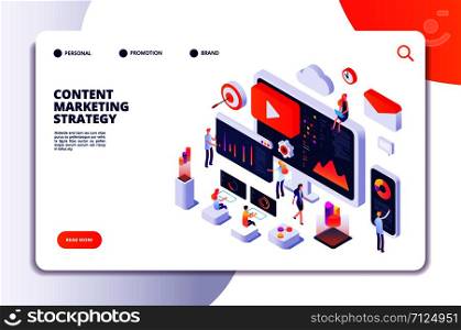 Content marketing landing page. Contents creation specialist and article writers. Writing service isometric concept. Illustration of article write copywriting for website. Content marketing landing page. Contents creation specialist and article writers. Writing service isometric concept