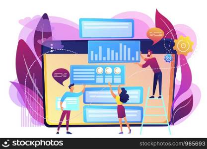 Content marketing manager, specialist, analyst work on websites for audience. Content marketing, working content, SEO optimization tool concept. Bright vibrant violet vector isolated illustration. Content marketing concept vector illustration.