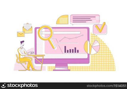 Content marketing metrics thin line concept vector illustration. Marketer, analyst 2D cartoon character for web design. SEO analysis, internet research, search engine optimization creative idea