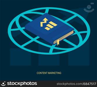 Content marketing strategy management modern digital web solutions vector illustration. Book with growing trend on globe symbol contemporary internet business symbol.