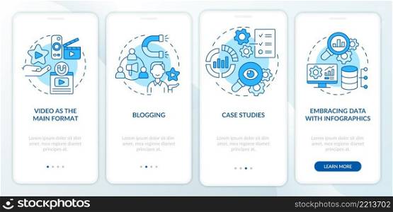 Content marketing trends blue onboarding mobile app screen. Creative walkthrough 4 steps graphic instructions pages with linear concepts. UI, UX, GUI template. Myriad Pro-Bold, Regular fonts used. Content marketing trends blue onboarding mobile app screen