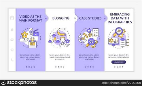 Content marketing trends purple and white onboarding template. Responsive mobile website with linear concept icons. Web page walkthrough 4 step screens. Lato-Bold, Regular fonts used. Content marketing trends purple and white onboarding template