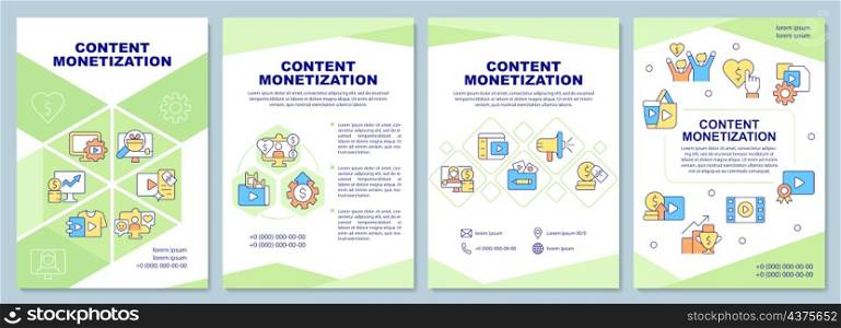 Content monetization brochure template. Earn money from media. Booklet print design with linear icons. Vector layouts for presentation, annual reports, ads. Arial-Black, Myriad Pro-Regular fonts used. Content monetization brochure template