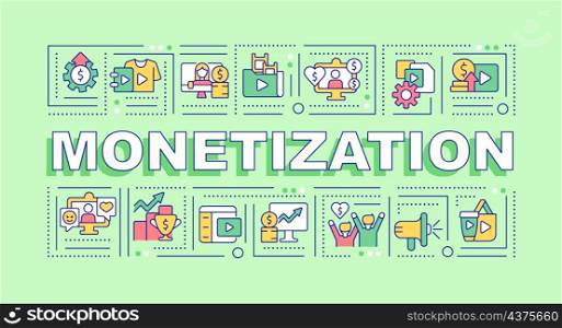 Content monetization word concepts green banner. Earn money from content. Infographics with linear icons on background. Isolated typography. Vector color illustration with text. Arial-Black font used. Content monetization word concepts green banner