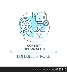 Content optimization turquoise concept icon. SEO analytics. AI in marketing abstract idea thin line illustration. Isolated outline drawing. Editable stroke. Arial, Myriad Pro-Bold fonts used. Content optimization turquoise concept icon