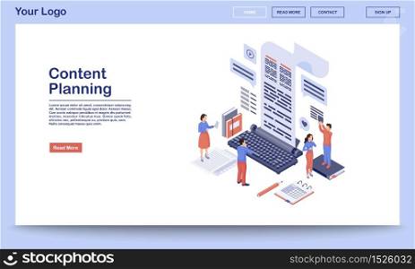 Content planning & management landing page template. Copywriting, blogging website interface with flat illustrations. SMM, digital marketing homepage layout. Create SEO texts web banner, webpage