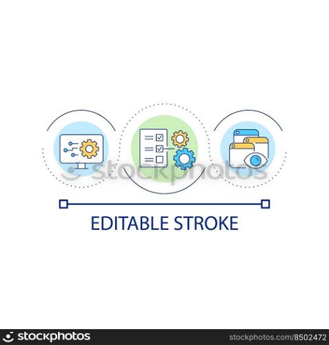 Content research and analysis loop concept icon. Data transformation abstract idea thin line illustration. Systems management. Isolated outline drawing. Editable stroke. Arial font used. Content research and analysis loop concept icon