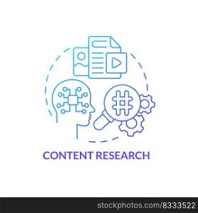 Content research blue gradient concept icon. Data analytics. Identify business trends. AI in marketing abstract idea thin line illustration. Isolated outline drawing. Myriad Pro-Bold font used. Content research blue gradient concept icon