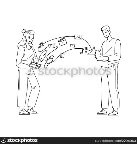Content Sharing On Smartphone Man And Woman Black Line Pencil Drawing Vector. Young Boy And Girl Content Sharing On Mobile Phone, Social Media Files Sending And Share Together. Characters Illustration. Content Sharing On Smartphone Man And Woman Vector