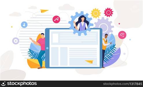 Content Strategy Marketing Development. Cartoon Multiracial People Male Characters and Female in Team Leader Gearwheel over Huge Tablet Digital Screen. Social Media Business. Vector Flat Illustration. Content Strategy Marketing Development Cartoon