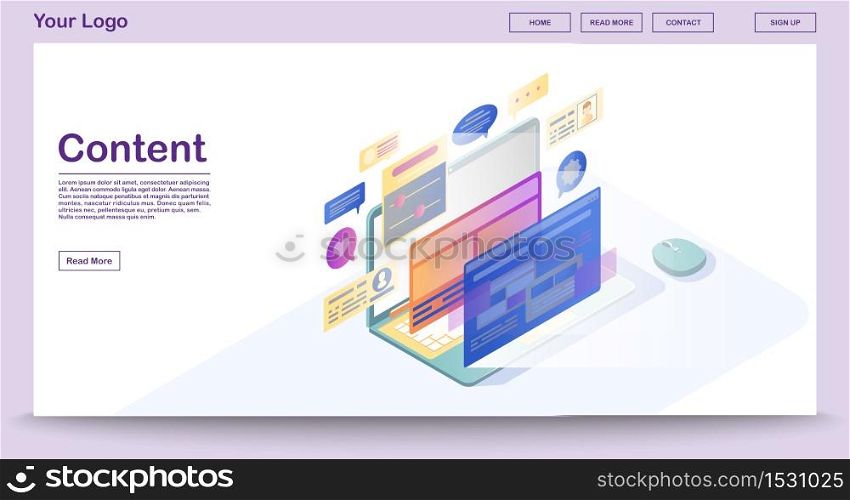 Content webpage vector template with isometric illustration. Website interface design. Software development. Responsive web design 3d concept. Virtual screens. Web banner, page, presentation idea. Content webpage vector template with isometric illustration