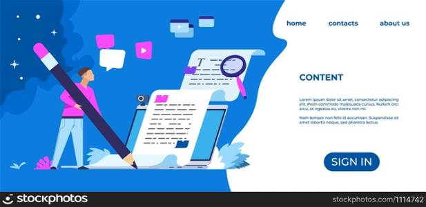 Content writer landing page. Blog articles and media creation concept, online freelance journalist. Vector web page freelancer copying publishing creative writing. Content writer landing page. Blog articles and media creation concept, online freelance journalist. Vector web pag