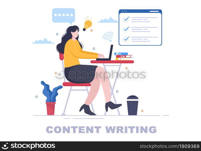 Content Writer or Journalist Background Vector Illustration For Copy Writing, Research, Development Idea and Novel or Book Script in Flat Style