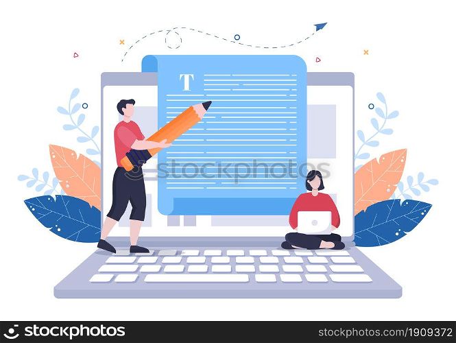 Content Writer or Journalist Background Vector Illustration For Copy Writing, Research, Development Idea and Novel or Book Script in Flat Style