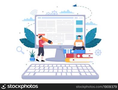 Content Writer or Journalist Background Vector Illustration For Copy Writing, Research, Development Idea and Novel or Book Script in Flat Style