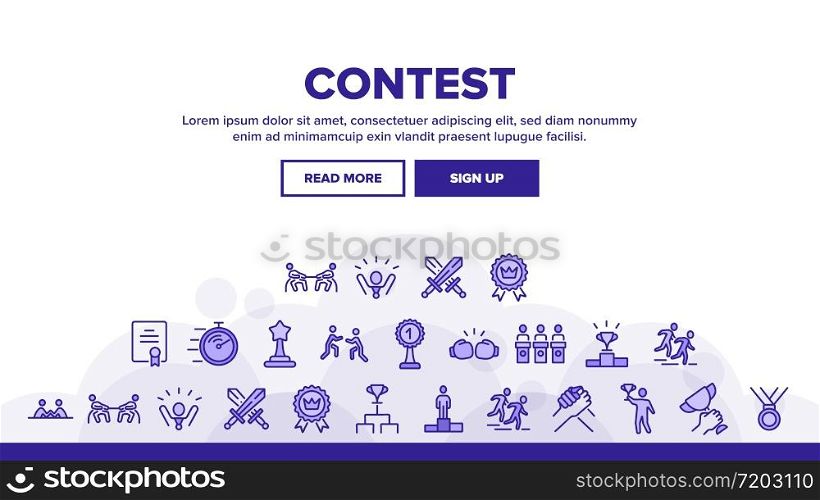 Contest Sport Activity Landing Web Page Header Banner Template Vector. Box And Run, Arm Wrestling And Tug Of War Contest, Champion Cup, Medal And Award Illustrations. Contest Sport Activity Landing Header Vector