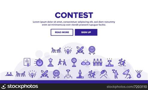 Contest Sport Activity Landing Web Page Header Banner Template Vector. Box And Run, Arm Wrestling And Tug Of War Contest, Champion Cup, Medal And Award Illustrations. Contest Sport Activity Landing Header Vector