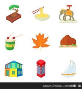 Continental travel icons set. Cartoon set of 9 continental travel vector icons for web isolated on white background. Continental travel icons set, cartoon style