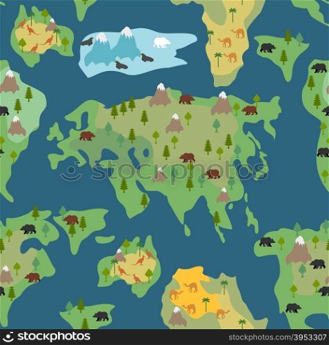 Continents seamless pattern. World map is endless ornament. Geographical Atlas with flora and fauna background. Detailed map with animals and trees.