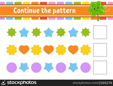 Continue the pattern. Education develoπng worksheet. Game for kids. Activity pa≥. Puzz≤forχldren. Ridd≤for preschool. Flat isolated vector illustration. Cute cartoon sty≤.