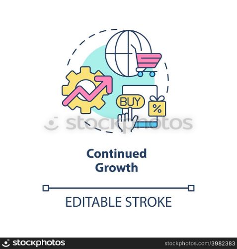 Continued growth concept icon. Ecommerce technology. Retail strategy trends abstract idea thin line illustration. Isolated outline drawing. Editable stroke. Arial, Myriad Pro-Bold fonts used. Continued growth concept icon