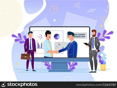 Continuous Cooperation and Partnership Cartoon. Signing Partnership Agreements for Conference Communication. Men are Standing Next to Monitor. Screen Meeting Business Partners. Vector Illustration.
