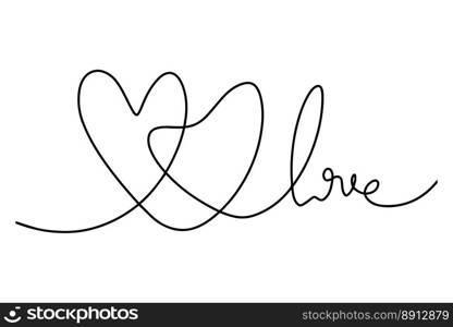 Continuous drawing of a pair of hearts and the inscription love. Fashionable minimalist illustration. Drawing in one line.. Continuous drawing of a pair of hearts and the inscription love. Fashionable minimalist illustration. Drawing in one line