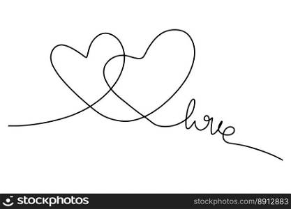 Continuous drawing of a pair of hearts and the inscription love. Fashionable minimalist illustration. Drawing in one line.. Continuous drawing of a pair of hearts and the inscription love. Fashionable minimalist illustration. Drawing in one line